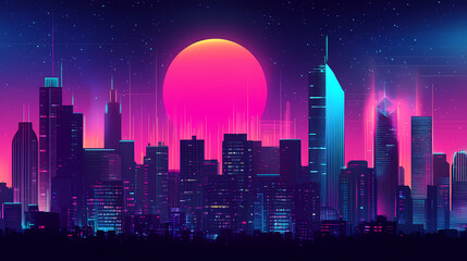 Futuristic cityscape with neon lights in a cyberpunk environment. Cyberpunk Cityscape Night. Illustration