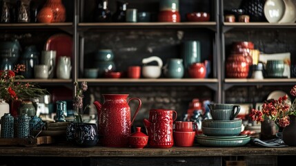 Naklejka premium Cozy rustic kitchen shelves with colorful pottery