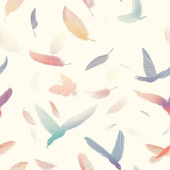 Seamless pattern of pastel colored birds and feathers floating gently in a soft cream background