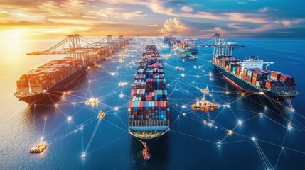 Fototapeta premium A digitally stylized image of shipping routes connecting continents on a globe, global freight network concept.