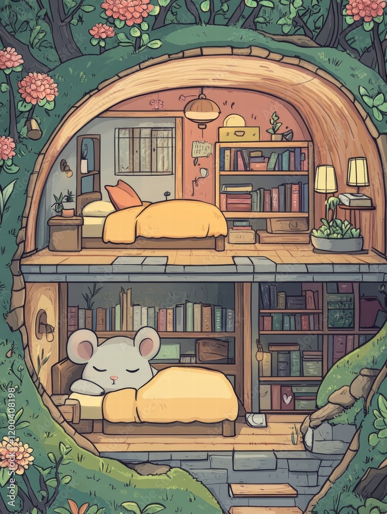 Poster cozy woodland home featuring a sleeping mouse in a whimsical tree trunk setting with charming interi