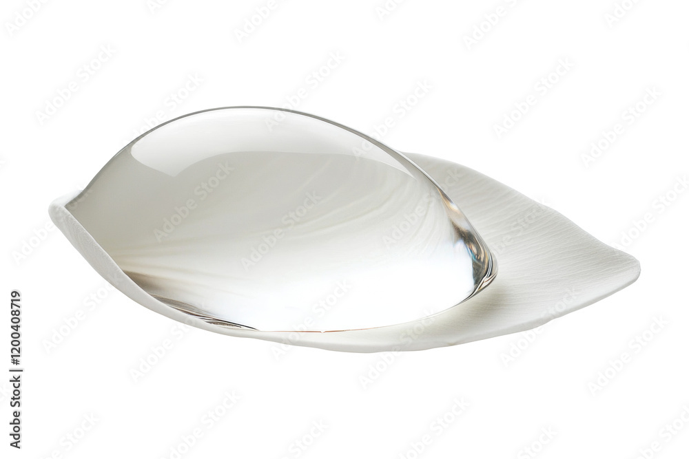 Poster Crystal clear drop of water in white petal png. Drop and petal on an isolated background. Generated with AI.