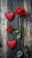 Fototapeta premium A rustic wooden table showcases three vibrant red hearts alongside a delicate rose, evoking a romantic ambiance perfect for Valentine's Day.