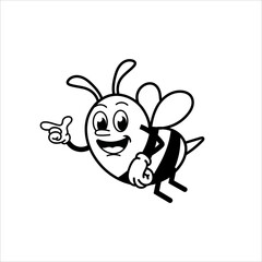 Cute and fun retro rubber hose bee cartoon character vector illustration. Cool and fun black and white bee character print design.