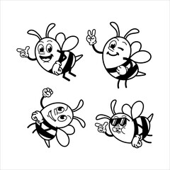 Set Cute and fun retro rubber hose bee cartoon character vector illustration. Cool and fun black and white bee character print design.