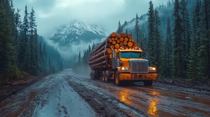 Logging truck on muddy road, mountains background, rainy day, timber transport