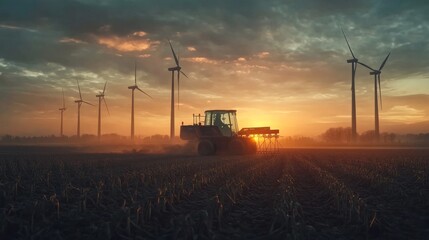 Fototapeta premium A futuristic seeding machine working in a field surrounded by towering wind turbines at first light, The ultra detailed