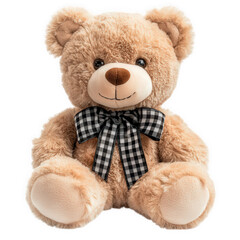 Obraz premium soft. plush teddy bear with a friendly expression. sitting upright it has a light brown fur coat and a black-and-white checkered bow around its neck. making it an ideal gift for children or as a comfo