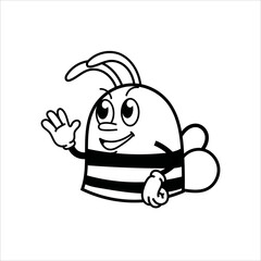 Cute and fun retro rubber hose bee cartoon character vector illustration. Cool and fun black and white bee character print design.