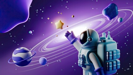 "Cartoon Planets and Astronaut in Purple Space-Themed Background"