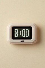 Minimalist digital alarm clock displaying 8:00 AM in a bold black and white design against a soft beige background
