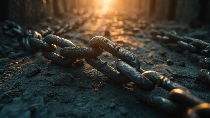 Heavy Rusty Chains on Dark Ground at Sunset