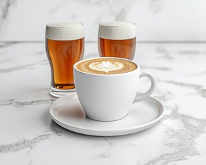 Latte art coffee and two glasses of beer on marble.