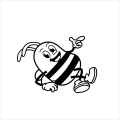 Cute and fun retro rubber hose bee cartoon character vector illustration. Cool and fun black and white bee character print design.
