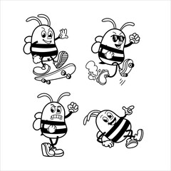 Set Cute and fun retro rubber hose bee cartoon character vector illustration. Cool and fun black and white bee character print design.