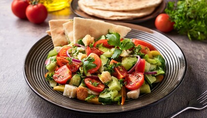 Delicious vegetarian Fattoush or Arab salad with pita bread, fresh vegetables on plate. Generated image