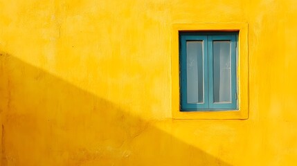 Sunny day, yellow wall, teal window, shadow, building exterior, design