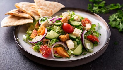 Delicious vegetarian Fattoush or Arab salad with pita bread, fresh vegetables on plate. Generated image