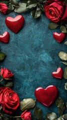 Fototapeta premium A stunning arrangement of vibrant roses and delicate hearts forms a beautiful heart shape against a soothing blue backdrop, radiating love and affection.