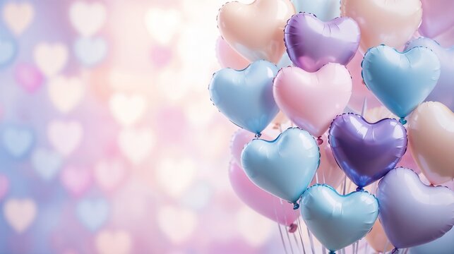 Valentine’s Day banner with heart-shaped balloons in pastel colors.Romance. Soft hues. Celebration. Love.Copy space, banner, Valentine’s Day, romantic theme, event promotion, invitations, greeting car