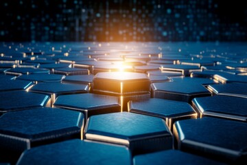 Obraz premium A futuristic close-up view of a hexagonal metallic surface, illuminated by a central glowing light, creating a dynamic and technological atmosphere.