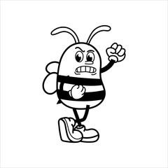 Cute and fun retro rubber hose bee cartoon character vector illustration. Cool and fun black and white bee character print design.