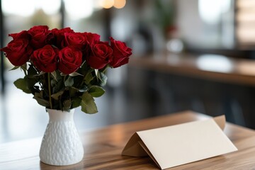 Obraz premium A beautiful arrangement of red roses sits beside an unopened envelope on a wooden table, symbolizing love, romance, and the anticipation of a heartfelt message.