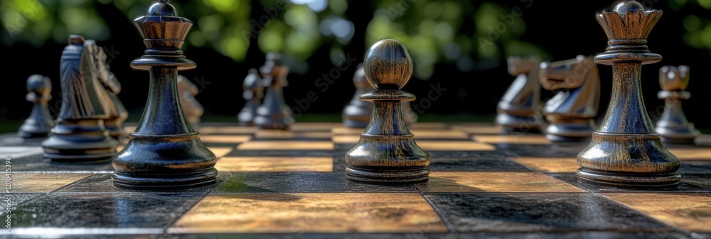 Poster chess game in the park with polished pieces under natural sunlight showcasing strategy and focus. ge
