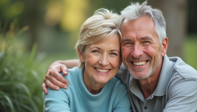 An affectionate elderly couple, a man and a woman, smile brightly while embracing in a lush green garden. Their joyful expressions radiate love and companionship, capturing the essence of a beautiful