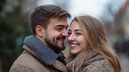 Two lovers embrace joyfully on a bustling street, their smiles radiating warmth and affection, celebrating the magic of love on Valentine's Day.
