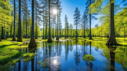Obraz premium Sunlit swamp cypress forest reflecting in calm water, spring landscape, nature
