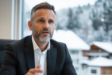 A well-dressed professional man speaks thoughtfully while facing a winter window, suggesting focus, leadership, and engagement within a dynamic work environment.