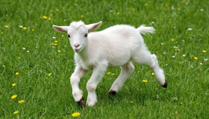 Obraz premium Adorable White Baby Goat Running in a Green Meadow