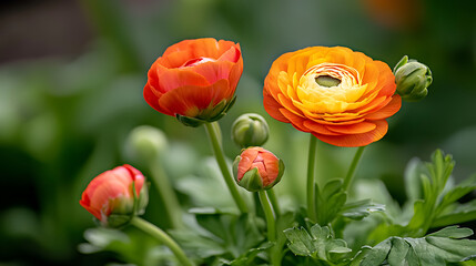 Vibrant close up of Persian buttercup flowers in orange and red hues, showcasing their delicate petals and lush green foliage
