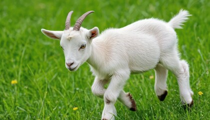 Obraz premium Adorable White Baby Goat Running in a Green Meadow