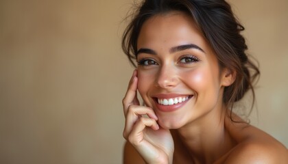 A beautiful young woman with long, flowing hair beams with joy, her hand gently resting on her cheek. The warm, soft background enhances her glowing complexion, creating an inviting and cheerful