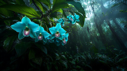 stunning photograph of jade vines with vibrant blue flowers in misty forest. lush greenery and soft...