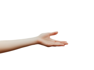 hand extended towards the viewer against a plain white background. suggesting an invitation or gesture of offering the simplicity and neutrality of the background emphasize the hand's position. making
