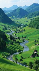 Serene river valley, green hills, idyllic village, sunny day, travel postcard
