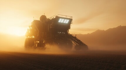 Fototapeta premium A futuristic seeding machine operating in a foggy valley at sunrise, The ultra detailed