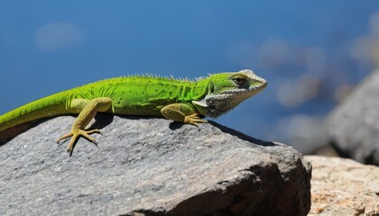 Fototapeta premium Vibrant Green and Yellow Lizard on Rocky Outcrop