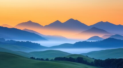 Fototapeta premium Serene Mountain Landscape at Sunrise with Mist in the Valley