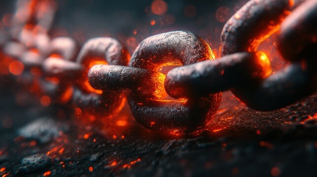 Close view of metallic chain links glowing with molten orange and red heat against a dark background, creating a striking contrast and captivating visual effect