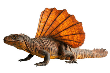 Dinosaur-like creature with colorful dorsal fins lives in lush tropical surroundings isolated on transparent background