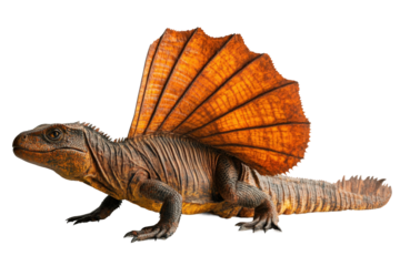 Dinosaur-like creature with colorful dorsal fins lives in lush tropical surroundings isolated on transparent background