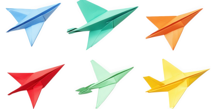 collection of six colorful paper airplanes arranged in two rows each airplane is designed in a distinct color?blue. red. green. teal. orange. and light green?showcasing various aerodynamic shapes the