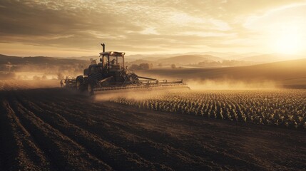 A sleek, modern seeding machine planting crops in a hilly landscape at dawn