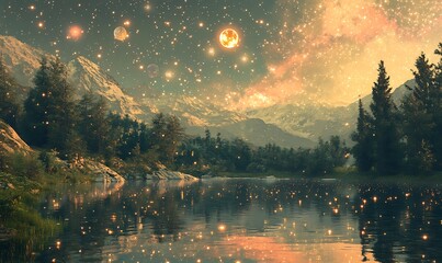 Magical lake nestled in a mystical mountain range under a starry sky with planets.