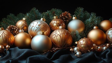 Luxurious Christmas Ornaments with Gold and White Decorations on Black Background