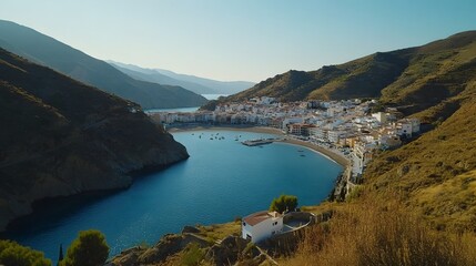 Fototapeta premium Coastal village nestled in mountains, sunny bay, travel, tourism